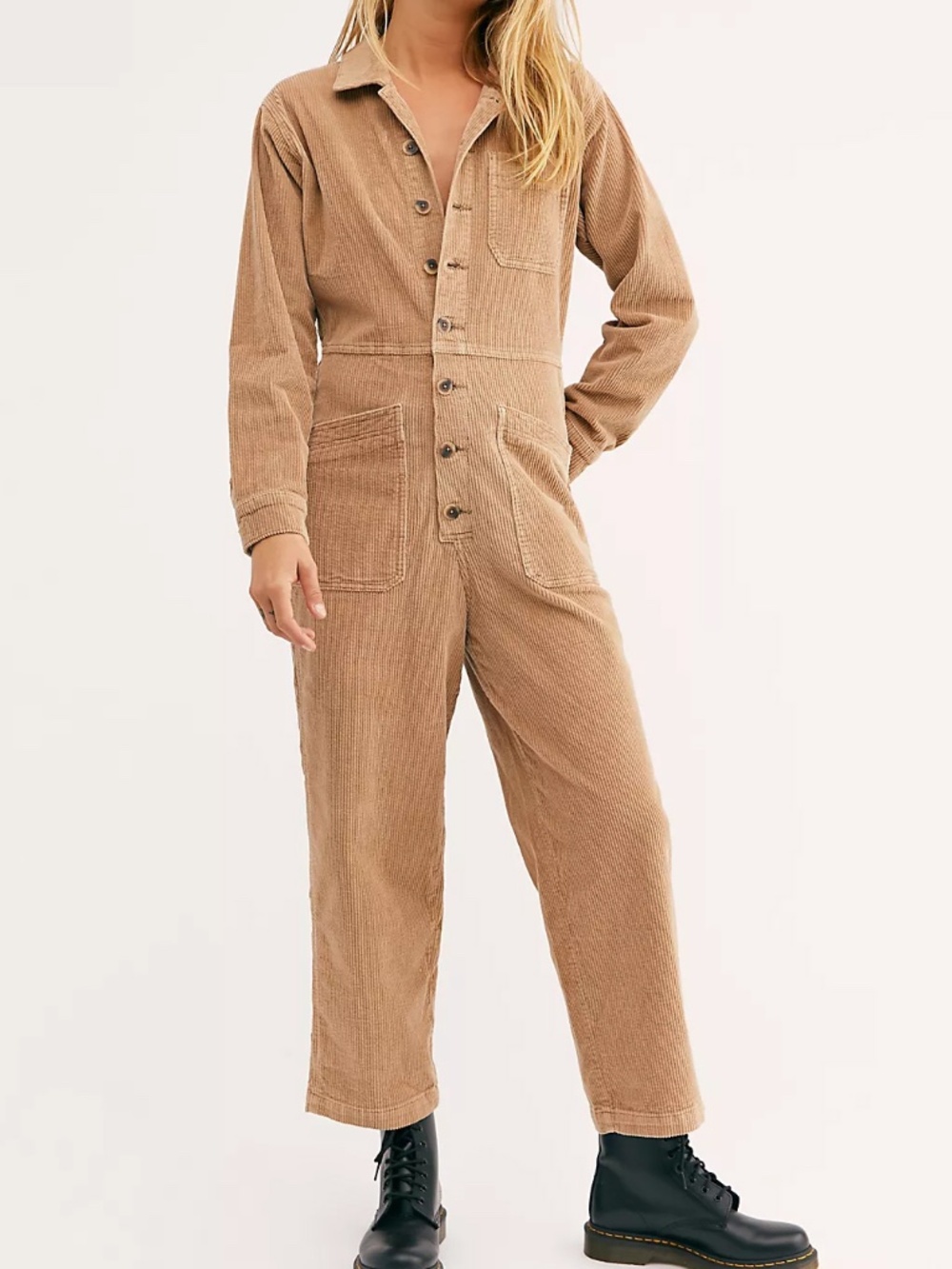 Free People Gia Cord Coverall Jumpsuit Tan Corduroy Utility Boilersuit Medium